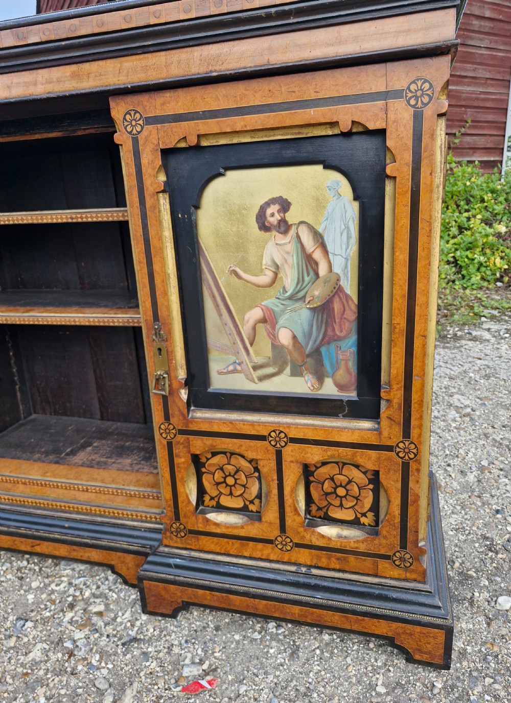 Good Victorian inlaid side cabinet with painted panels. View IX