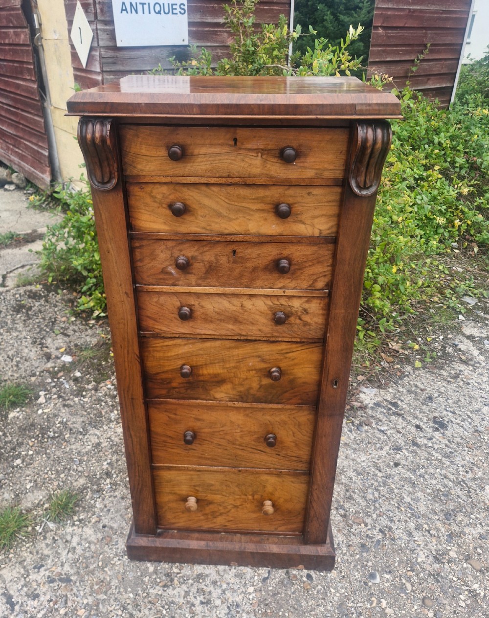 Victorian walnut secretaire Wellington Chest.  View VIII