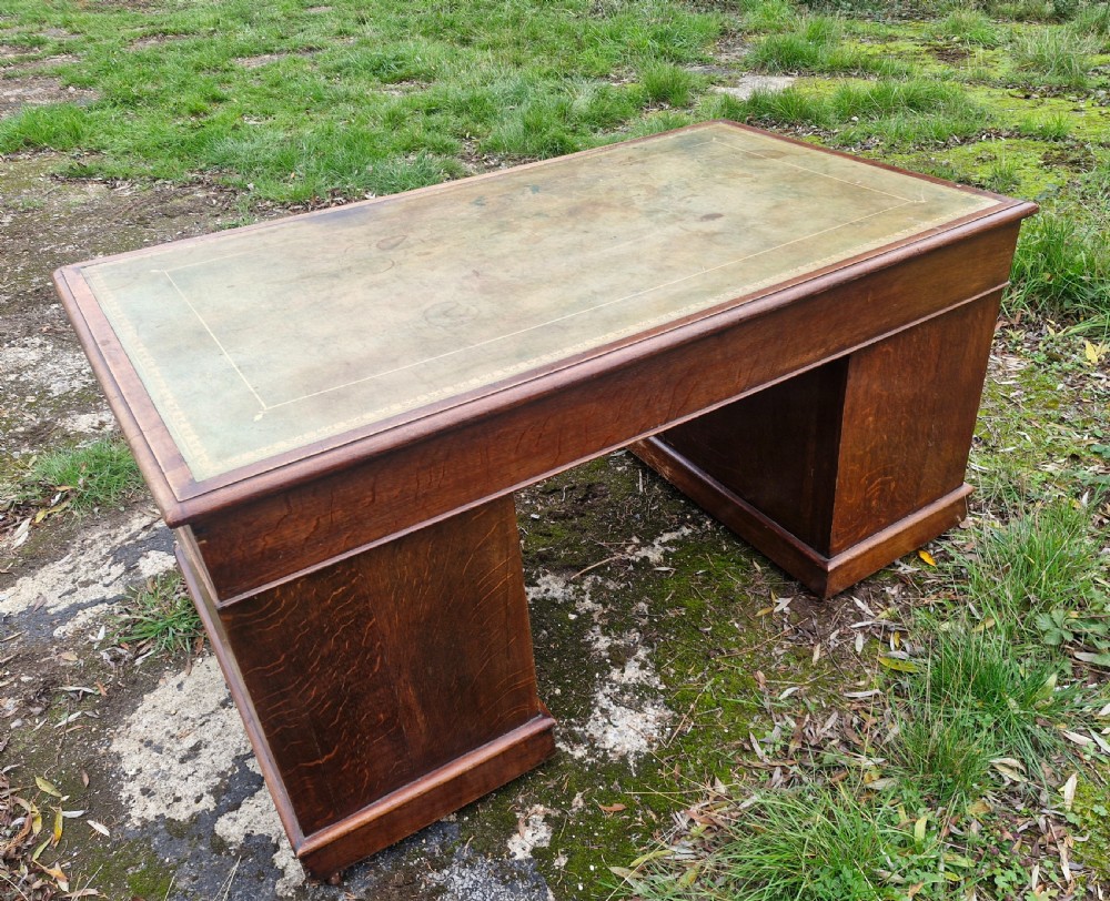 Large Victorian oak kneehole pedestal writing desk.  View II
