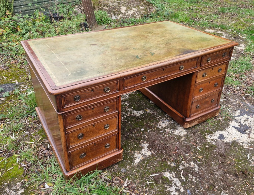 Large Victorian oak kneehole pedestal writing desk.  View V