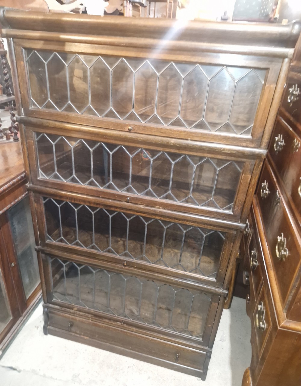 Oak Leaded glazed Globe Wernicke bookcase cabinet.  View II