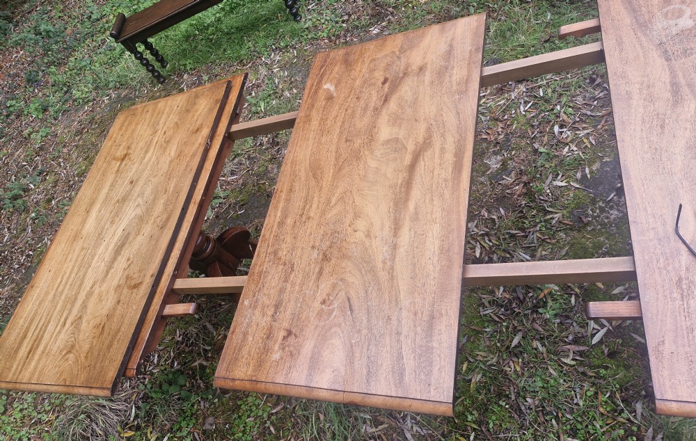 Regency mahogany twin pillar dining table with 2 extra leaves. View IX