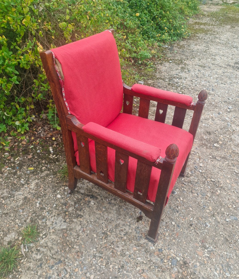 Interesting late Victorian oak Arts and crafts armchair.  View III