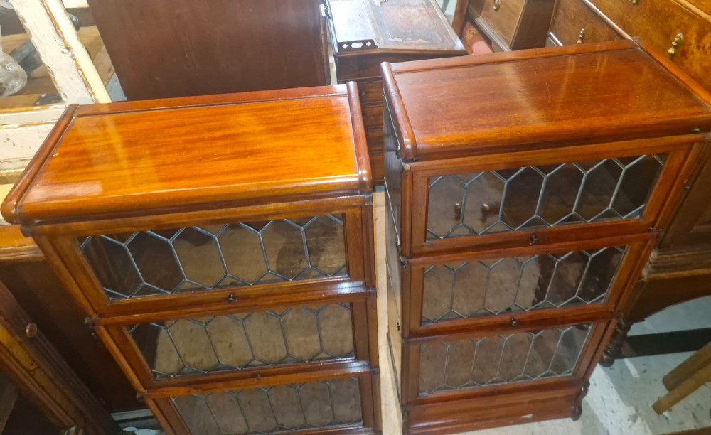 Pair of Dinky mahogany Leaded glazed Globe Wernicke bookcase cabinets. View IV