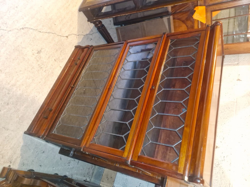 Mahogany Leaded glazed 3 tier Globe Wernicke bookcase cabinet.  View III