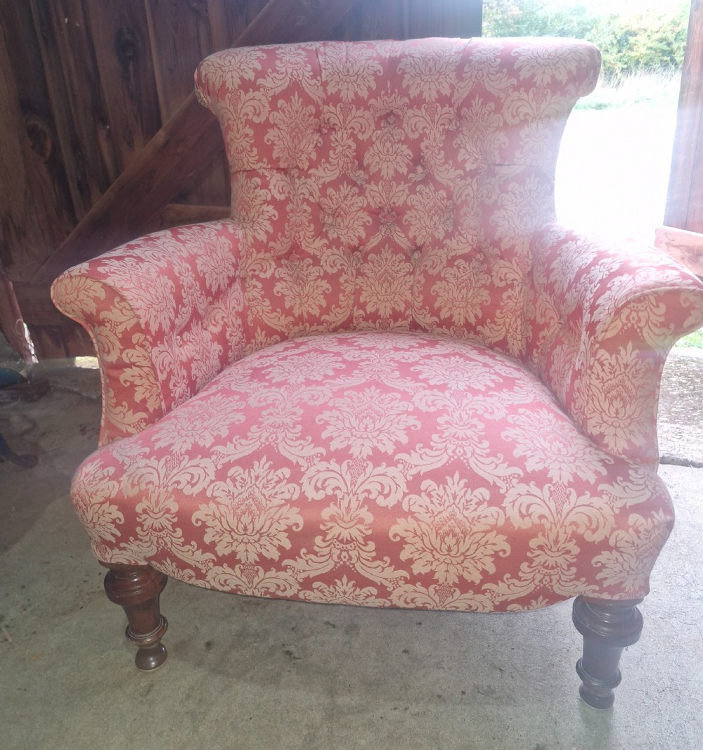 Late Victorian Woodstock style upholstered armchair with broad seat. View II