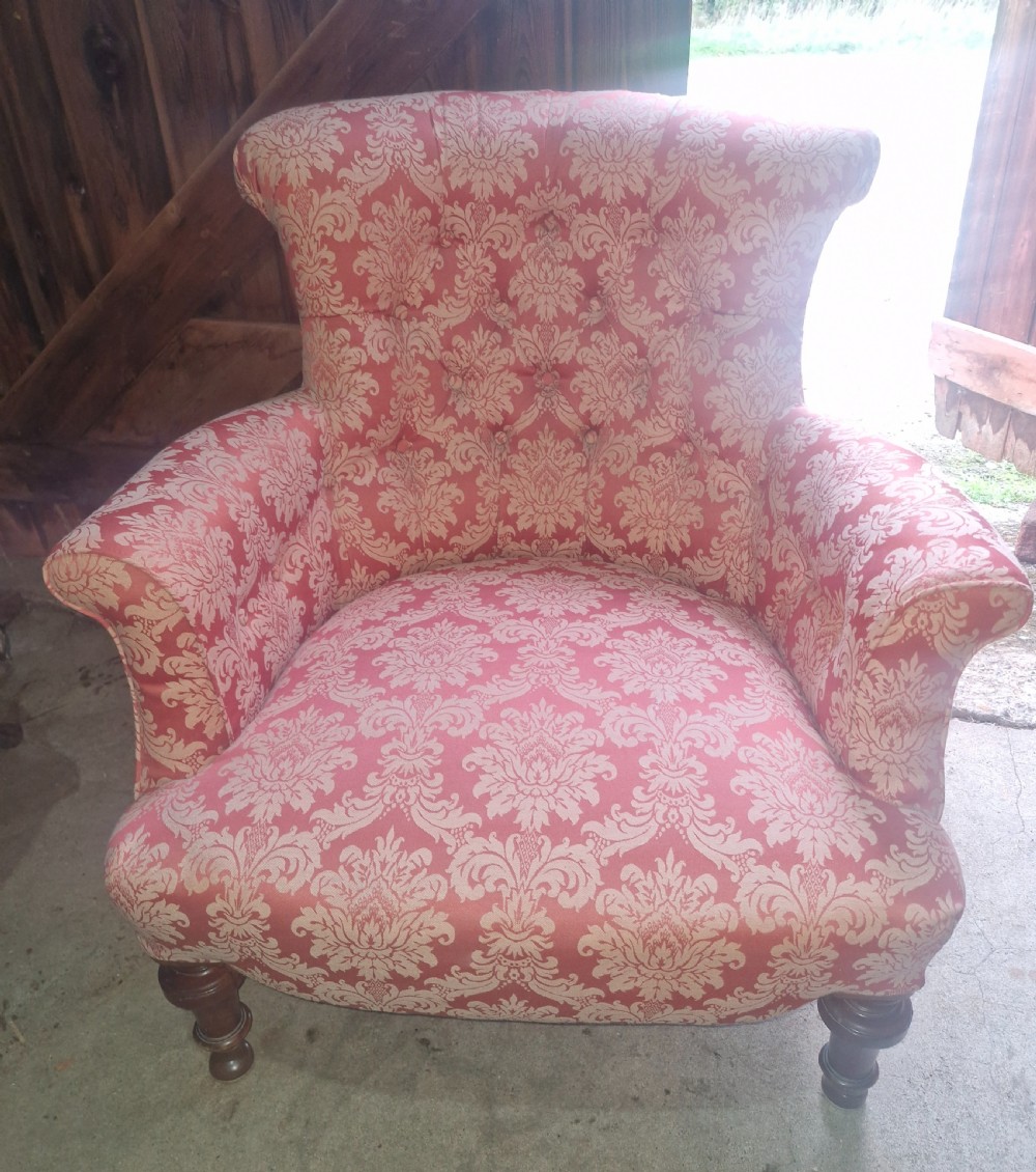 Late Victorian Woodstock style upholstered armchair with broad seat. View III