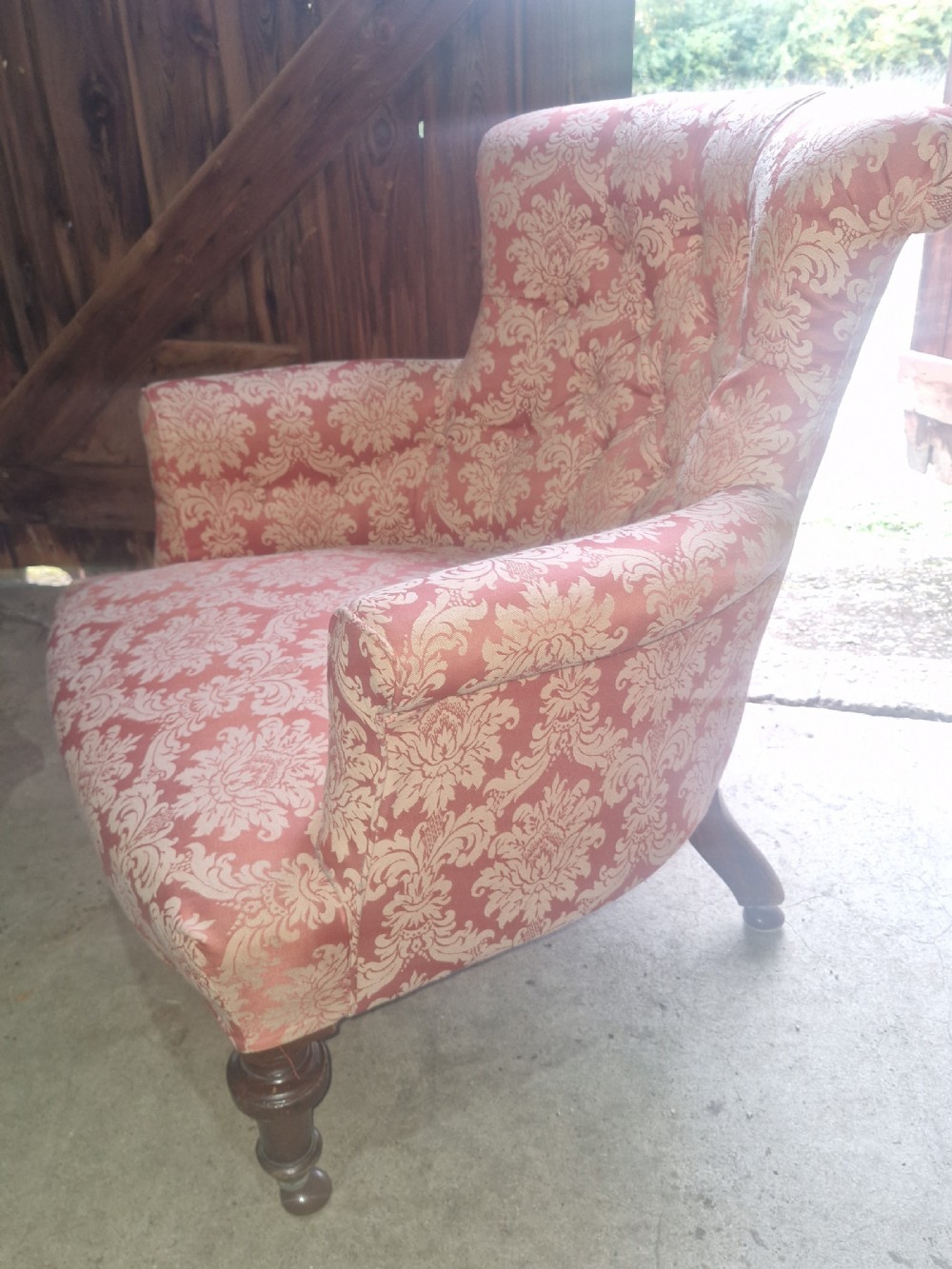 Late Victorian Woodstock style upholstered armchair with broad seat. View VI