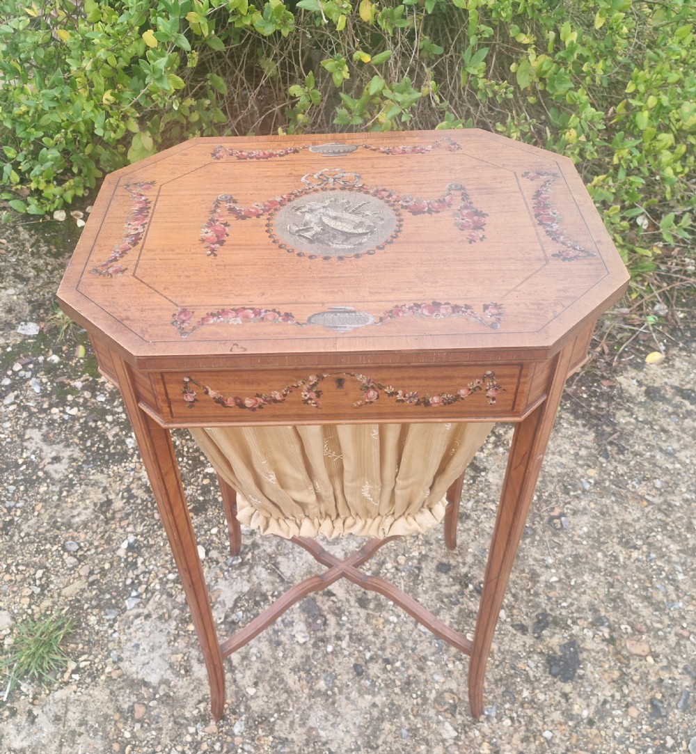 Pretty painted and inlaid  Edwardian Satinwood work table 