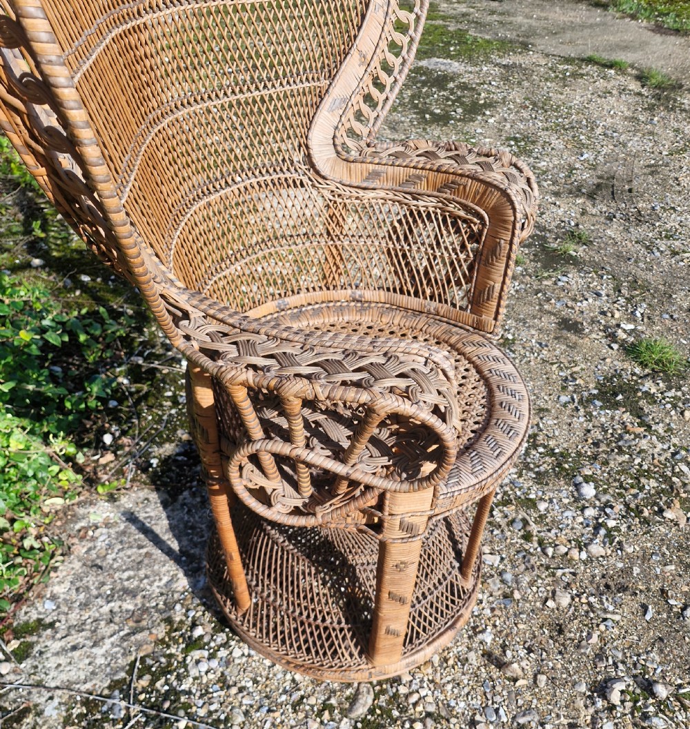 A high-backed woven cane peacock armchair featuring a flared fan backrest with lattice weaving, integrated armrests, and an hourglass pedestal base. View VIII