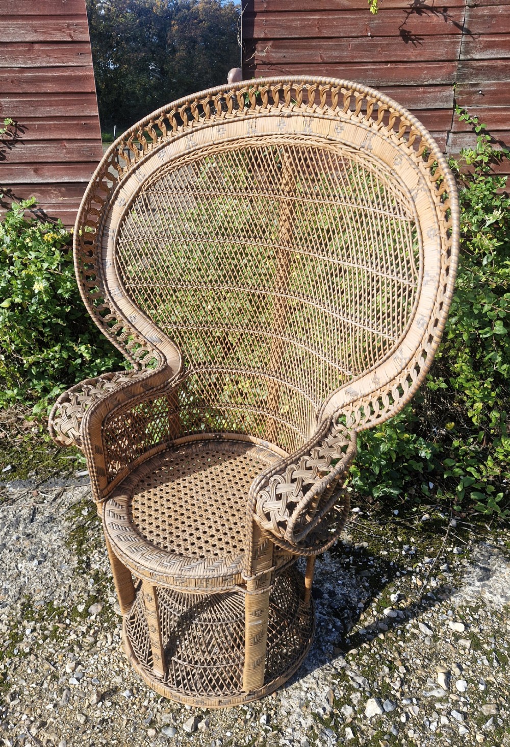 A high-backed woven cane peacock armchair featuring a flared fan backrest with lattice weaving, integrated armrests, and an hourglass pedestal base. View X