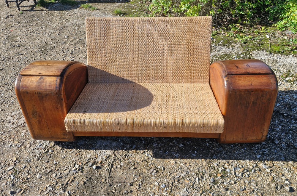 Very unusual Teak and cane Anglo Indian Art Deco sofa. View IV
