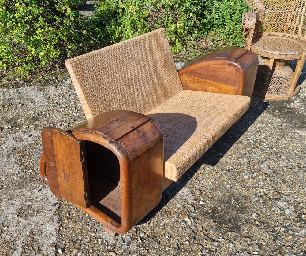 Very unusual Teak and cane Anglo Indian Art Deco sofa. View XII