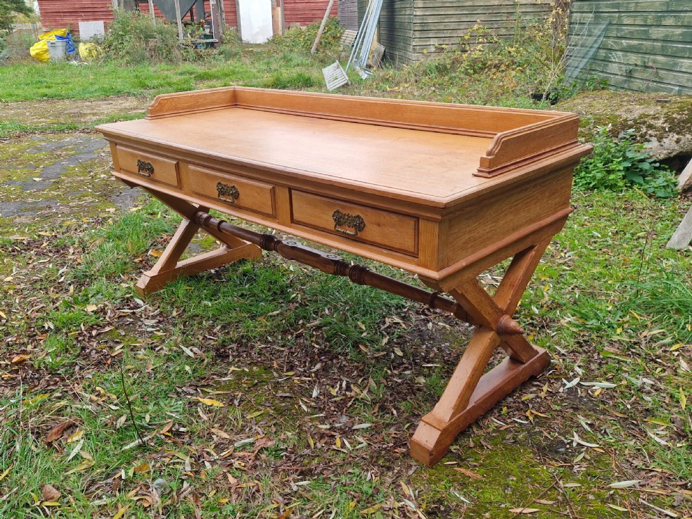 Large oak Gothic revival 3 drawer hall table. View II
