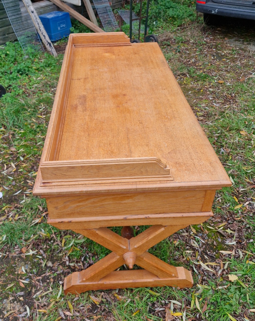 Large oak Gothic revival 3 drawer hall table. View III