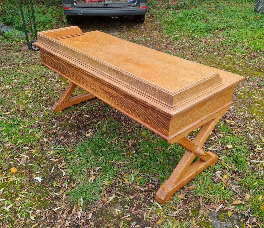 Large oak Gothic revival 3 drawer hall table. View IV