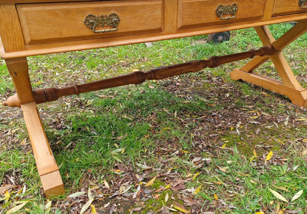Large oak Gothic revival 3 drawer hall table. View V