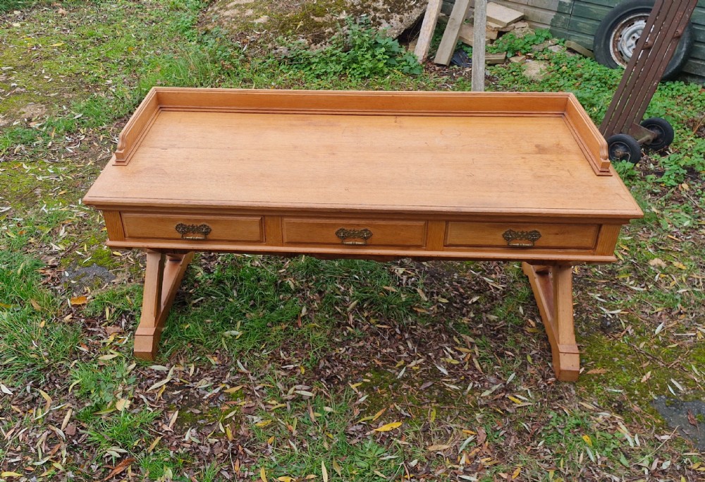 Large oak Gothic revival 3 drawer hall table. View VII