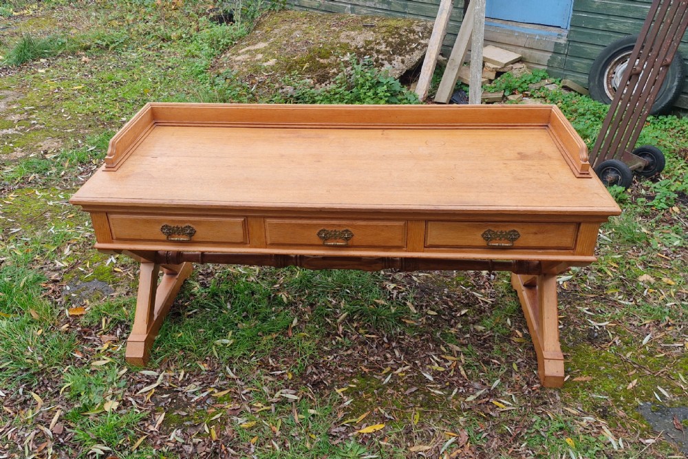 Large oak Gothic revival 3 drawer hall table. View VIII