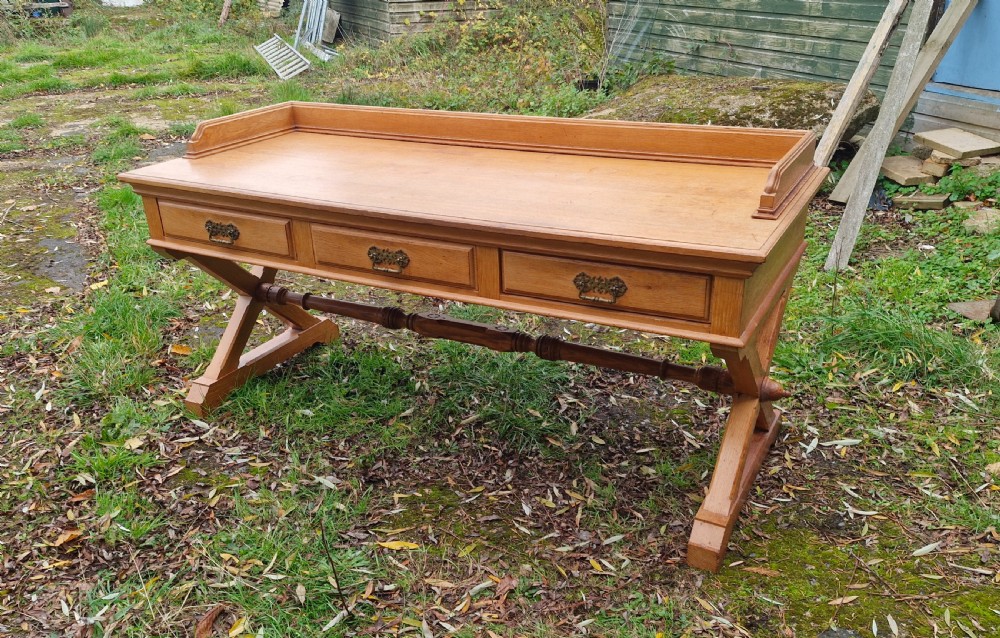 Large oak Gothic revival 3 drawer hall table. View IX