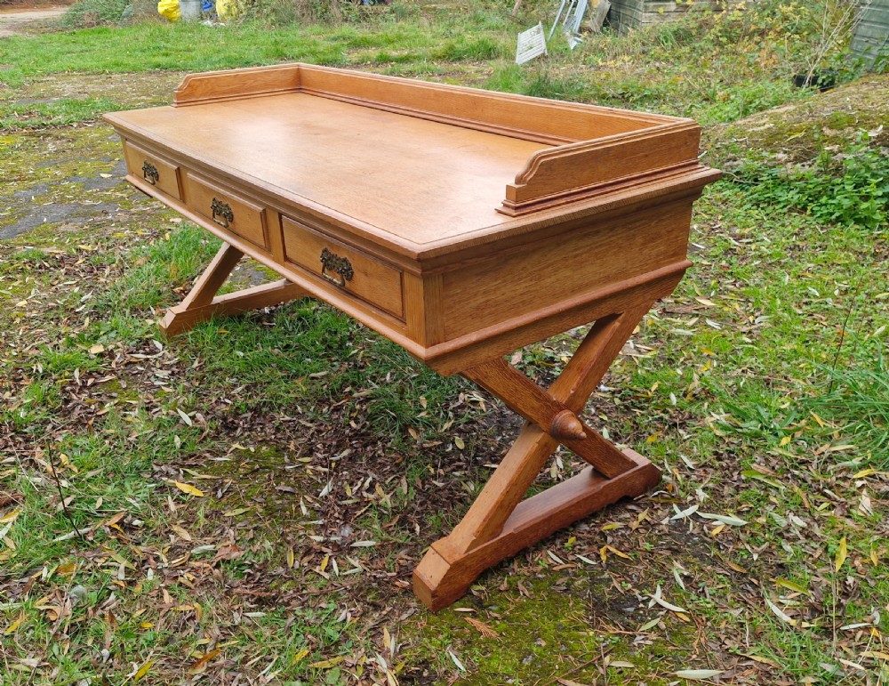 Large oak Gothic revival 3 drawer hall table. View X