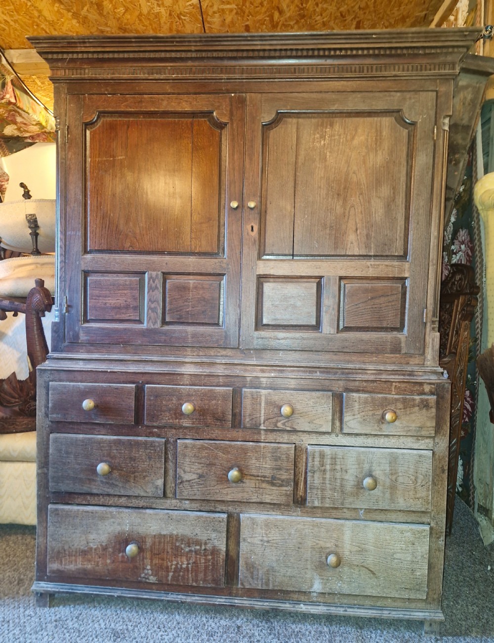 Regency oak Welsh press hall cupboard with original hooks.  View II