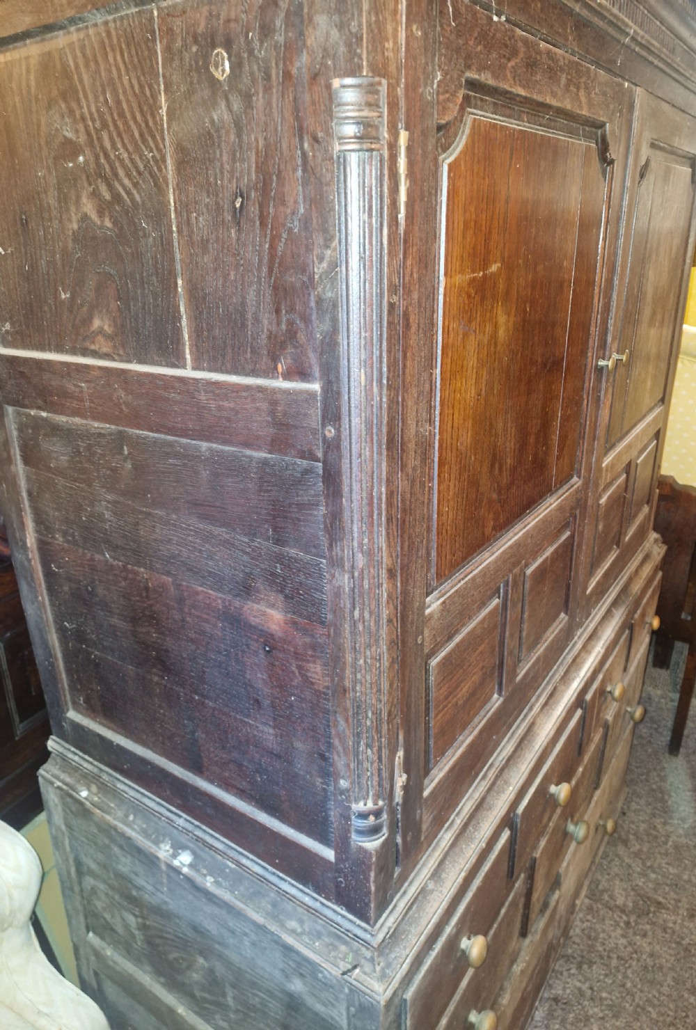 Regency oak Welsh press hall cupboard with original hooks.  View III