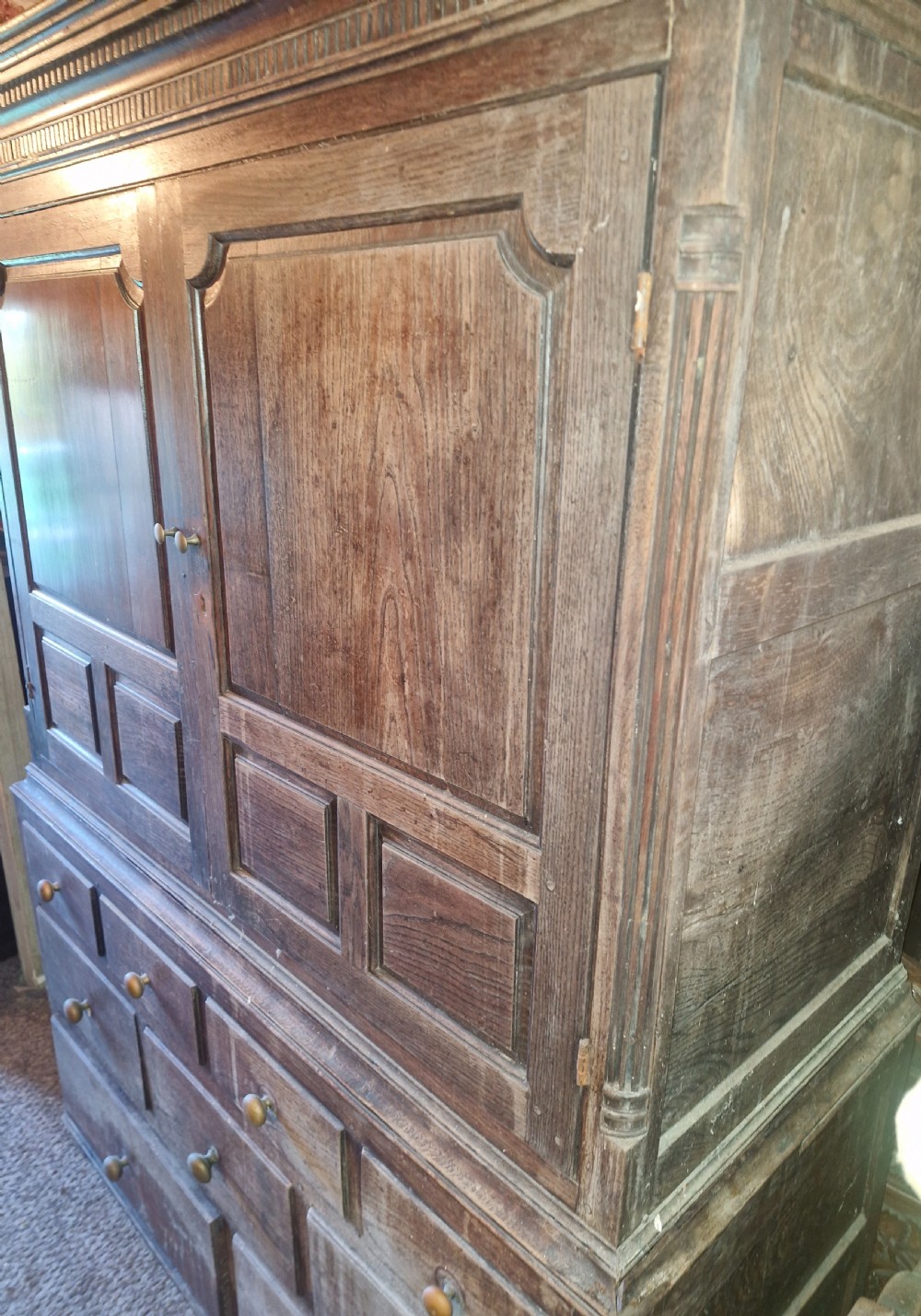Regency oak Welsh press hall cupboard with original hooks.  View VII