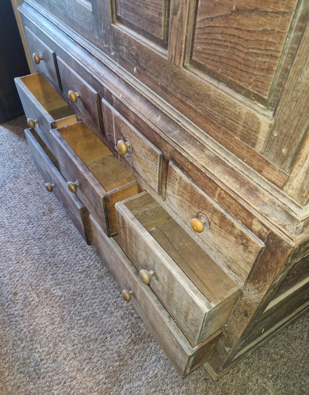 Regency oak Welsh press hall cupboard with original hooks.  View VIII