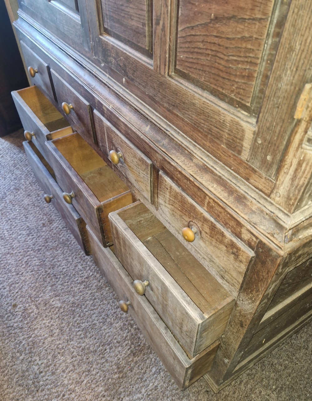 Regency oak Welsh press hall cupboard with original hooks.  View IX