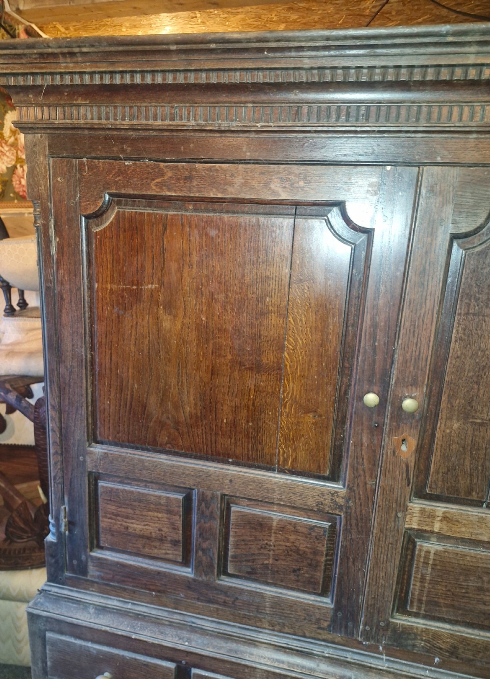 Regency oak Welsh press hall cupboard with original hooks.  View XI