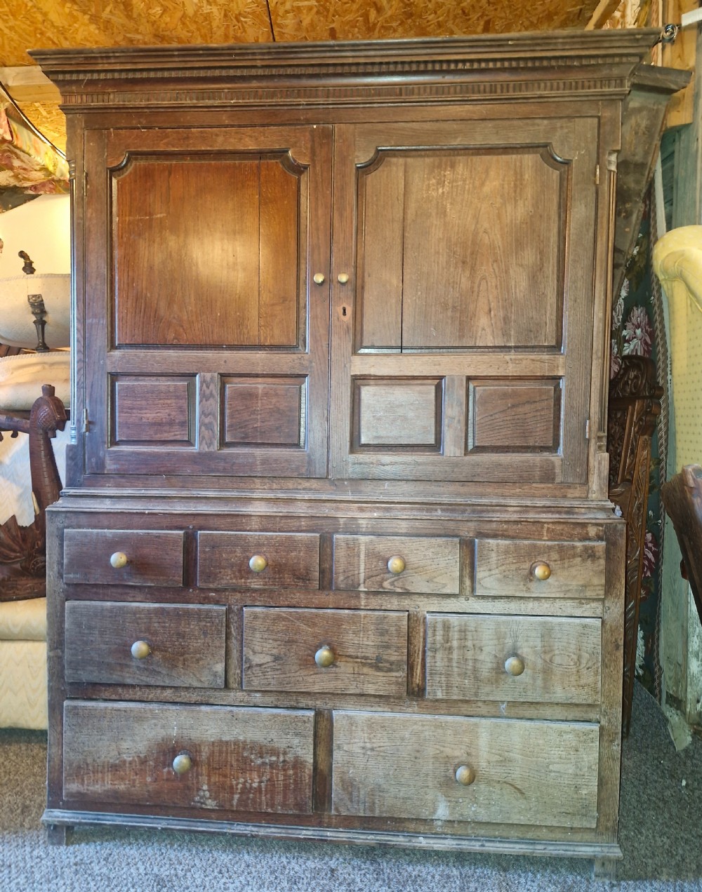 Regency oak Welsh press hall cupboard with original hooks.  View XII