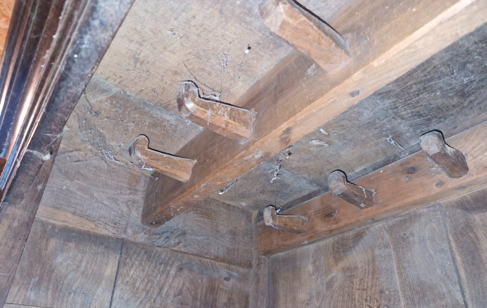 Regency oak Welsh press hall cupboard with original hooks.  View XVI