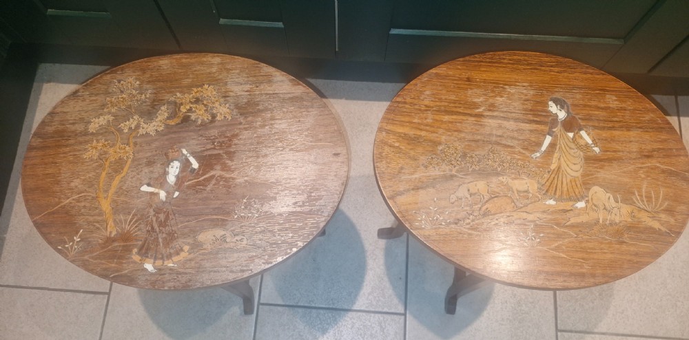 Pair of Anglo Indian bone and wood inlaid occasional tables 