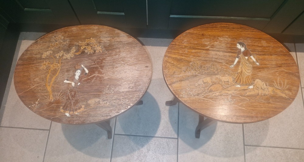 Pair of Anglo Indian bone and wood inlaid occasional tables  View II