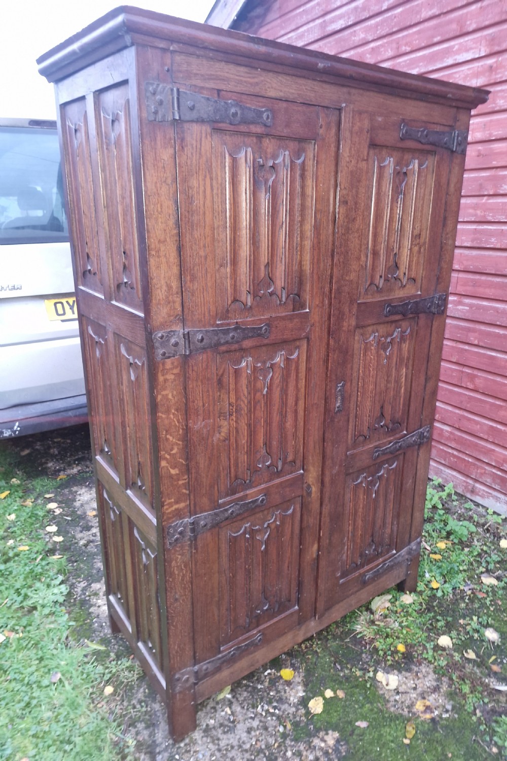 Early 20th Gothic oak 2 door hall wardrobe. 