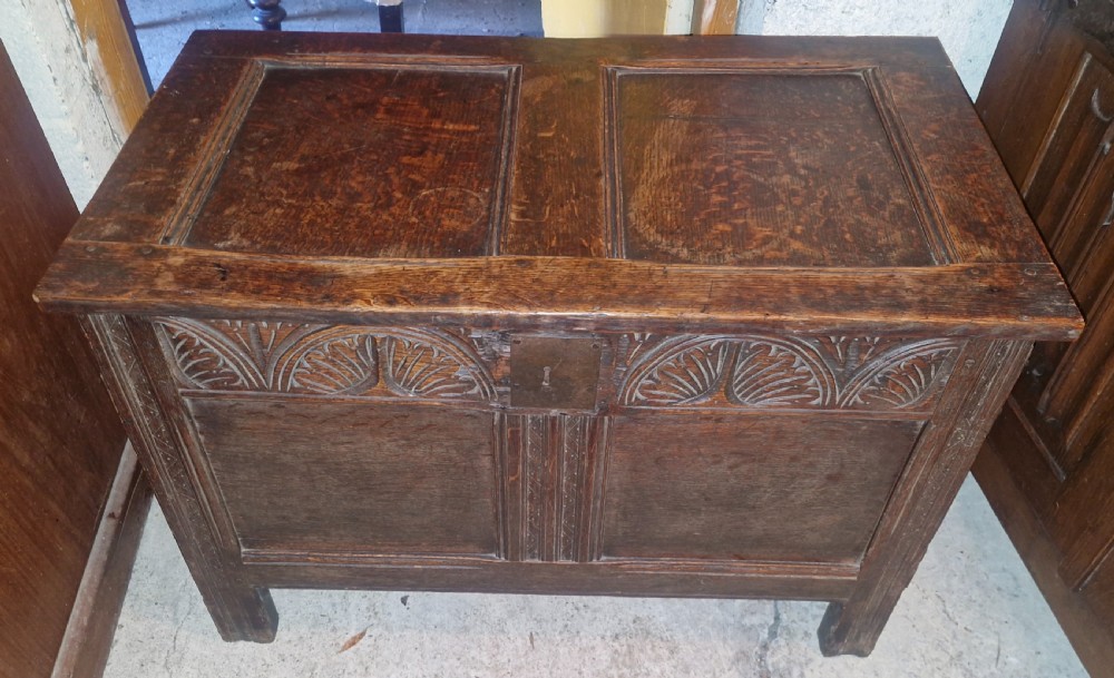 Early 18th century oak panelled coffer chest.