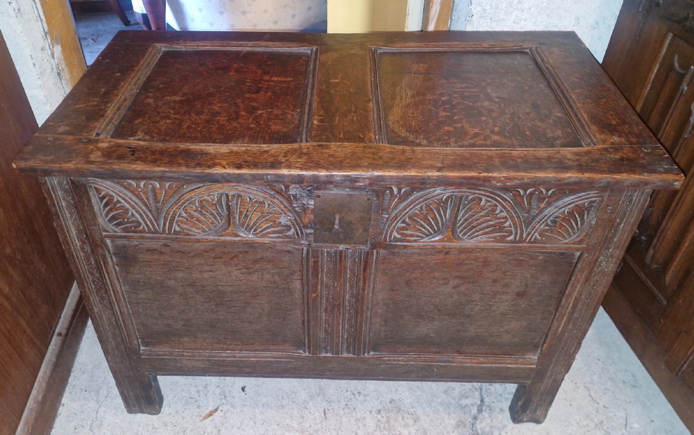 Early 18th century oak panelled coffer chest. View III