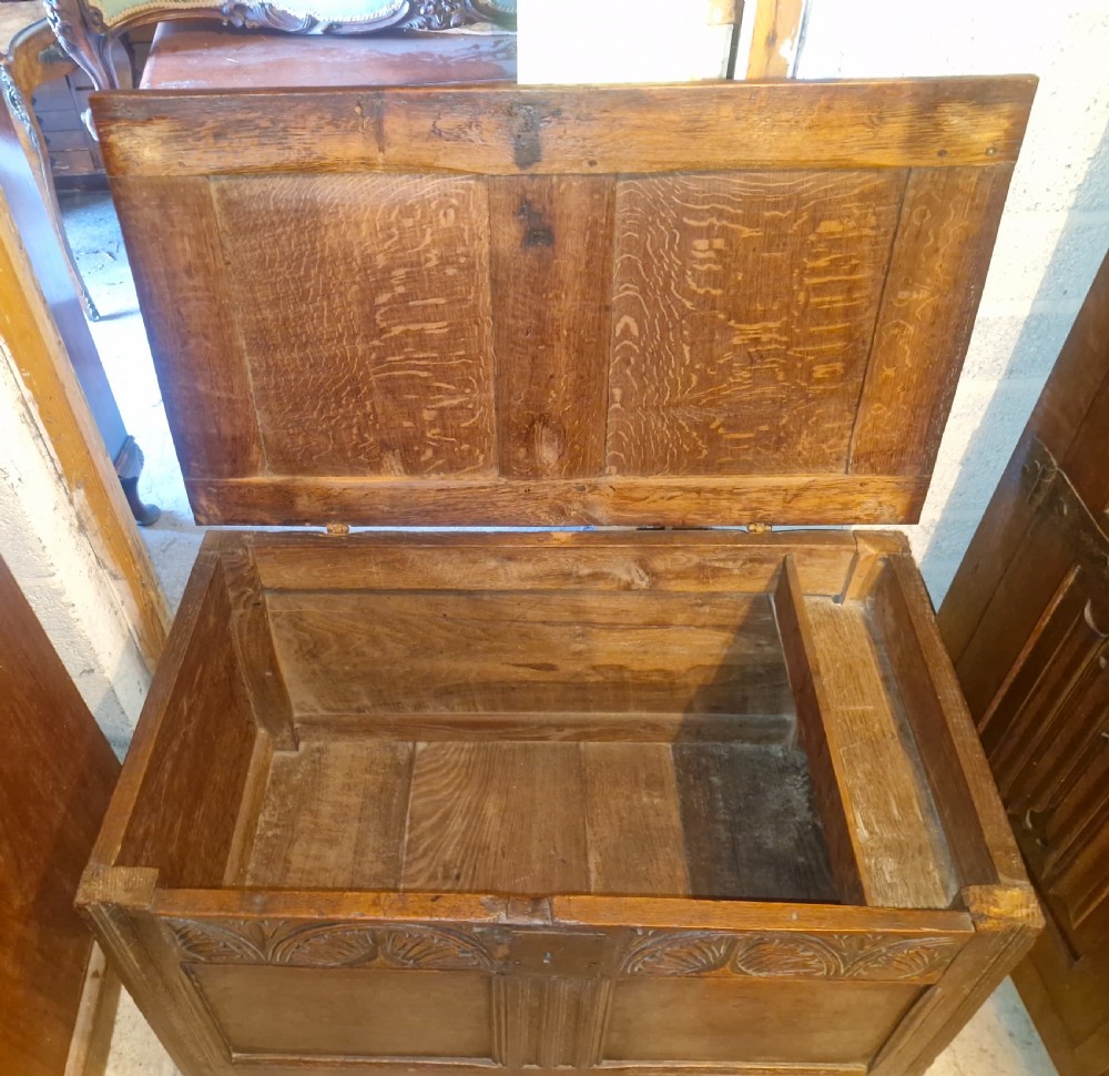 Early 18th century oak panelled coffer chest. View VI