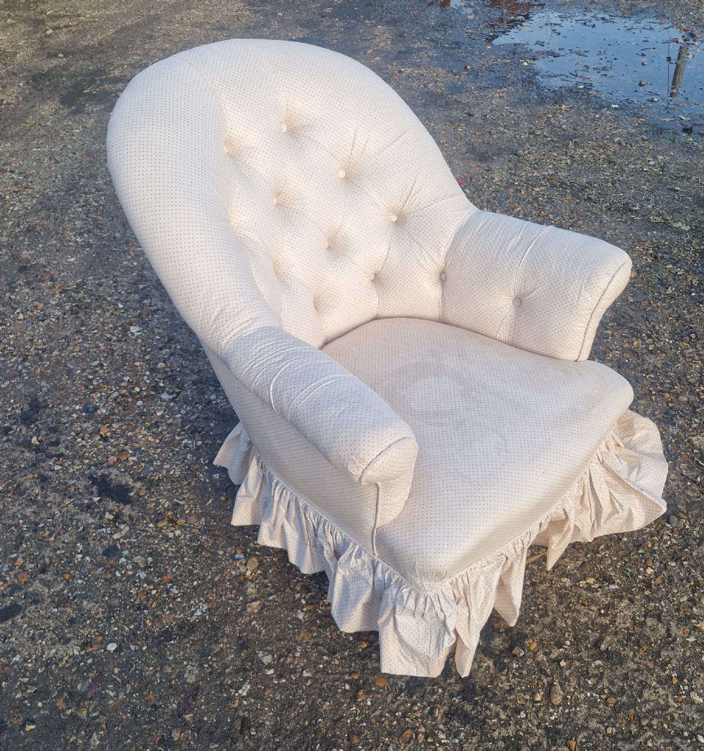 Victorian rosewood button back upholstered armchair.  View VII