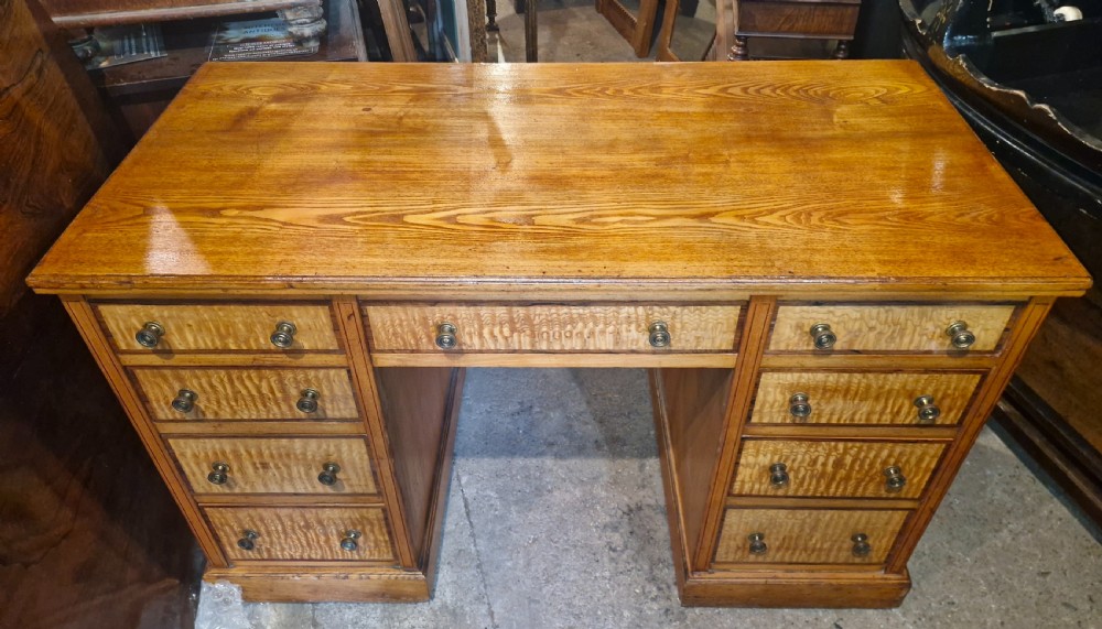 Victorian Ash and Hungarian Ash kneehole pedestal writing desk.  View V