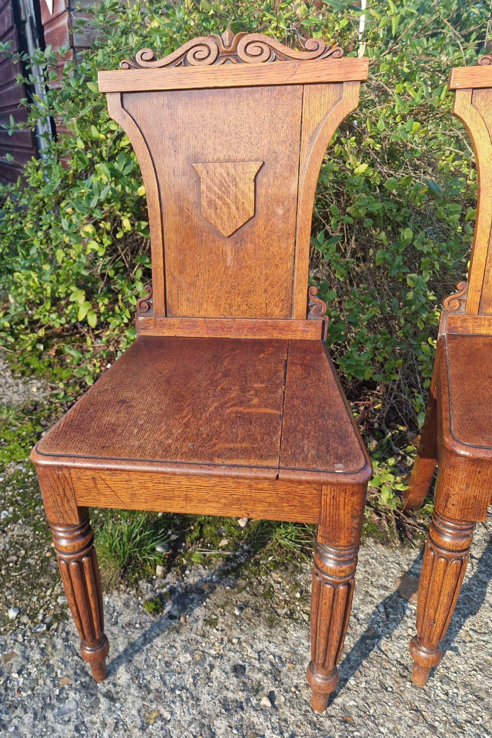 A pair of Regency oak hall chairs featuring carved scroll cresting, central shield back panels, flat wooden seats, and turned reeded front legs. View V