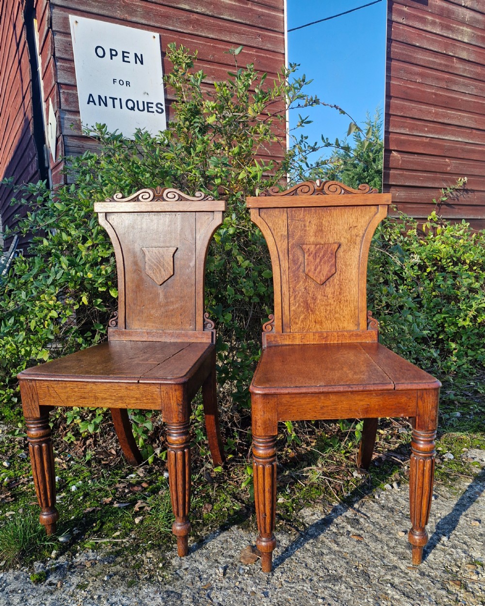 A pair of Regency oak hall chairs featuring carved scroll cresting, central shield back panels, flat wooden seats, and turned reeded front legs. View VI