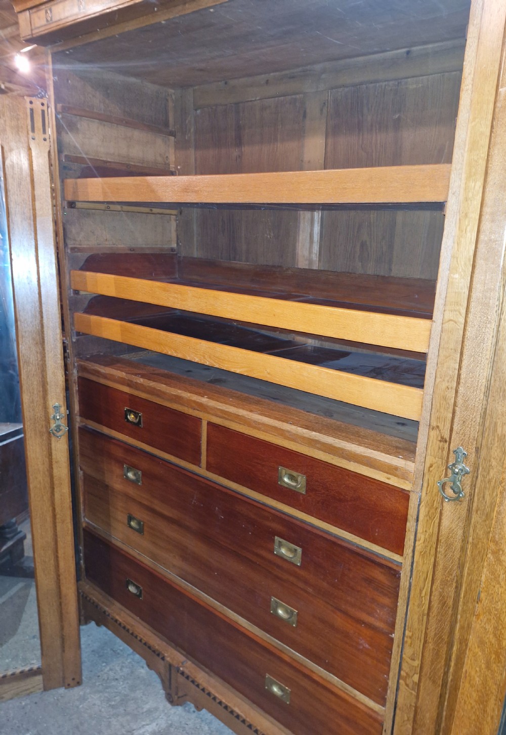 Victorian inlaid oak triple mirror door wardrobe in the manner of Charles Bevan. View IV