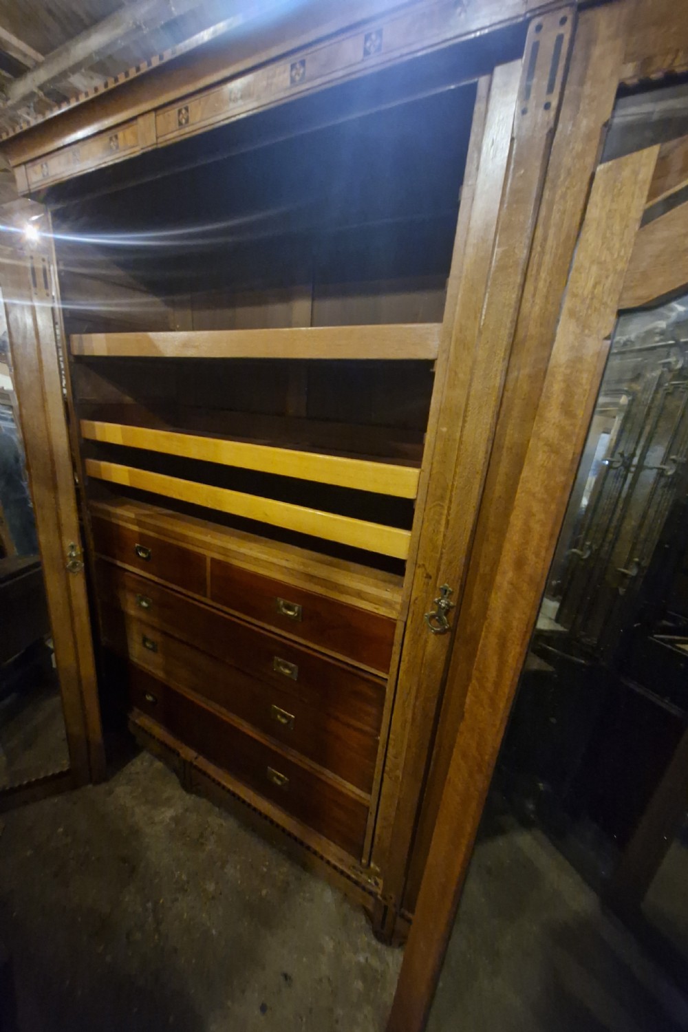 Victorian inlaid oak triple mirror door wardrobe in the manner of Charles Bevan. View V