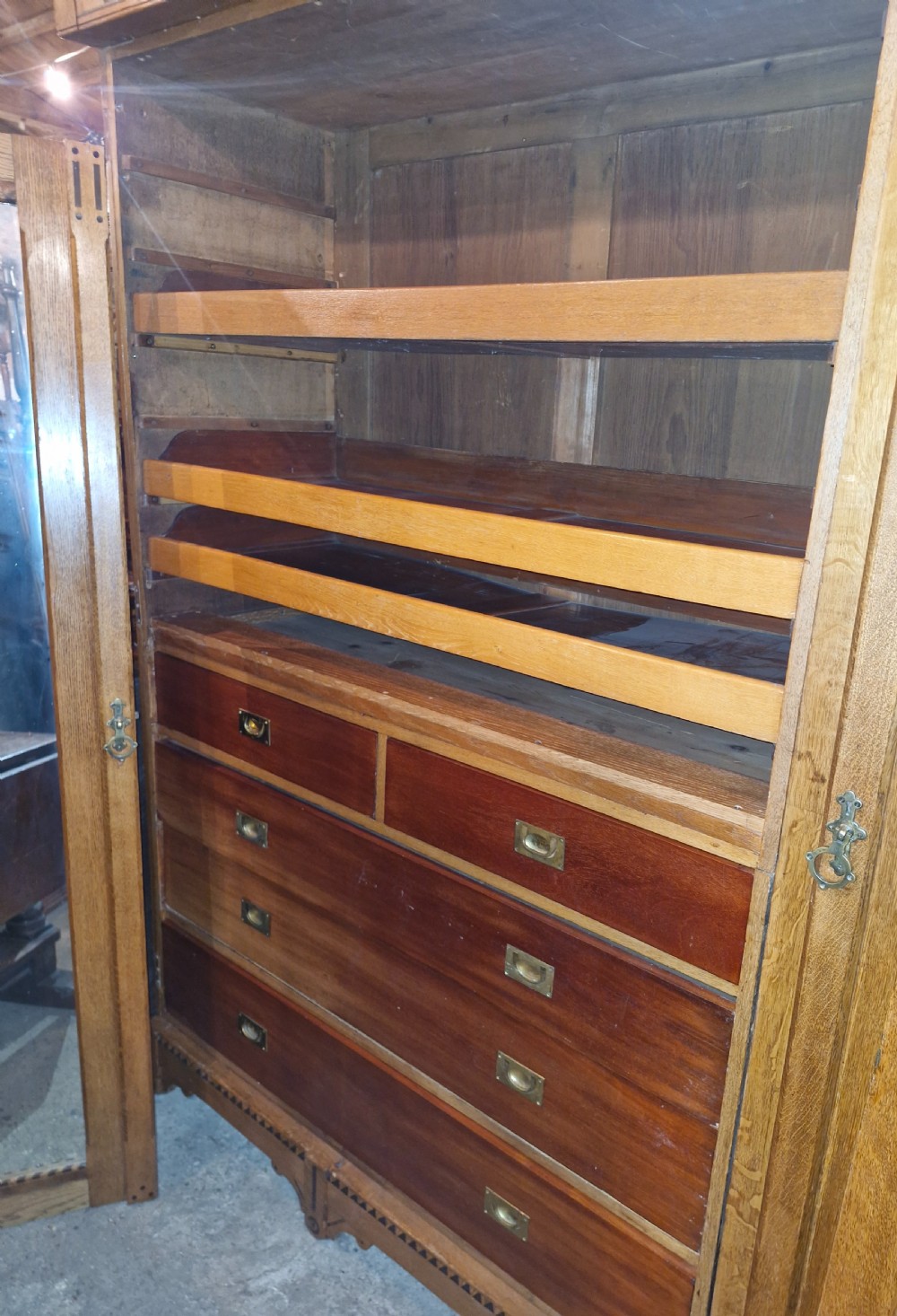 Victorian inlaid oak triple mirror door wardrobe in the manner of Charles Bevan. View XX
