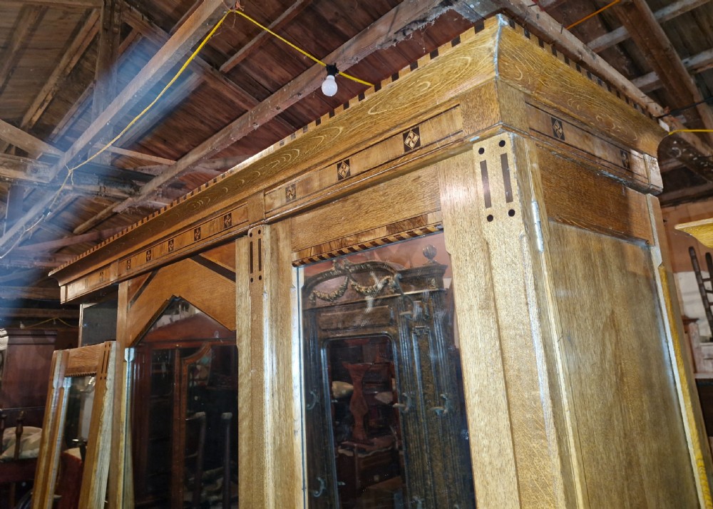 Victorian inlaid oak triple mirror door wardrobe in the manner of Charles Bevan. View XXI