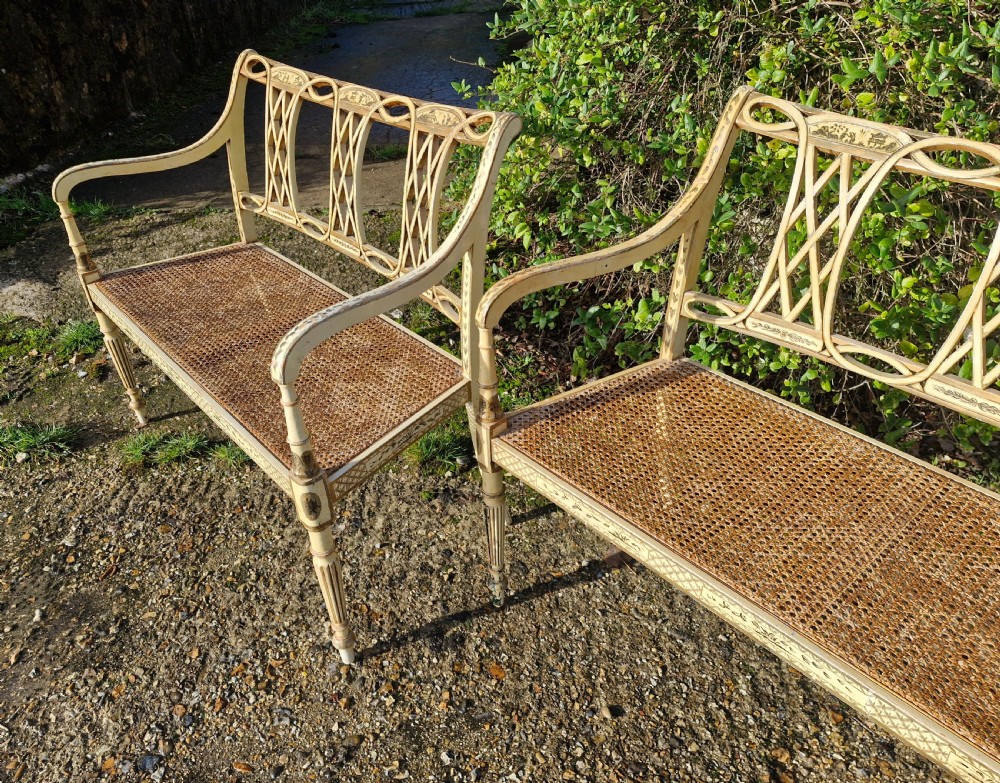Pair of country house decorated cane seat sofa window seats. View II