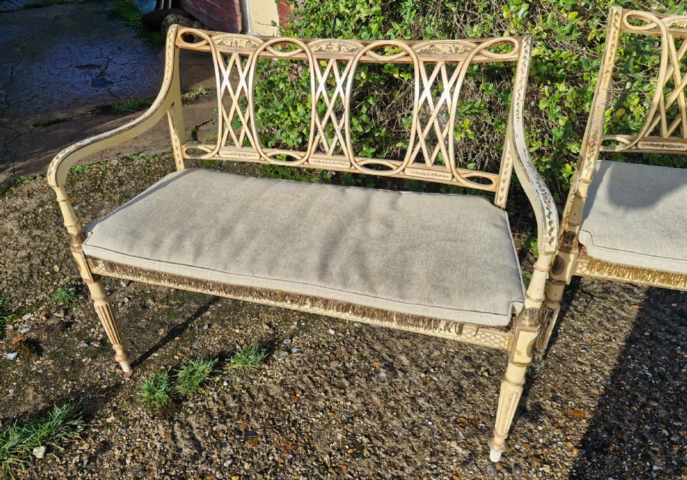 Pair of country house decorated cane seat sofa window seats. View III