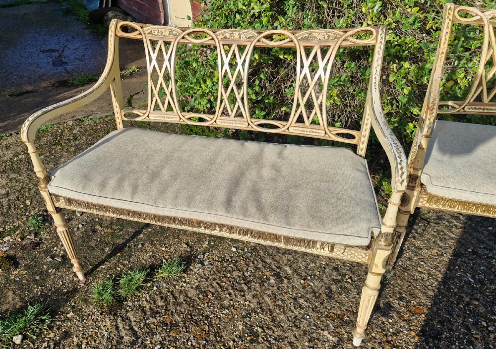 Pair of country house decorated cane seat sofa window seats. View IV
